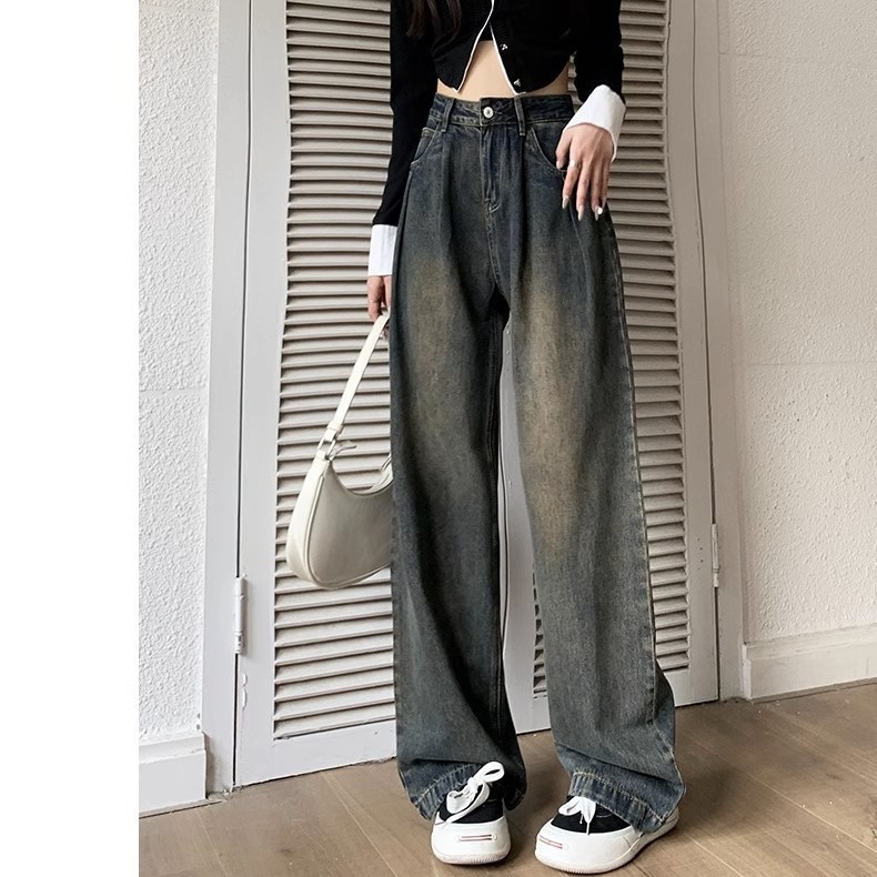 UC水泥灰阔腿牛仔裤女秋