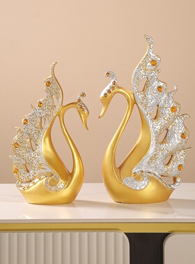 现代简约高档镶钻情侣天鹅树脂摆件客厅软装玄关创意家居婚房饰品