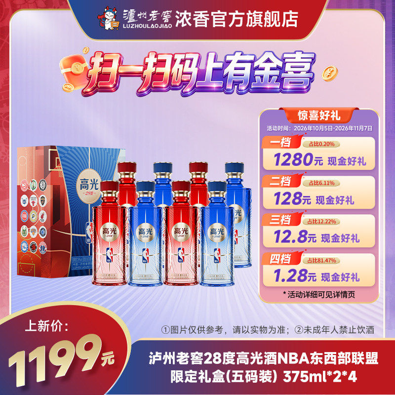【新品】泸州老窖28度高光酒 NBA东西部联盟限定礼盒 375ml*2*4盒