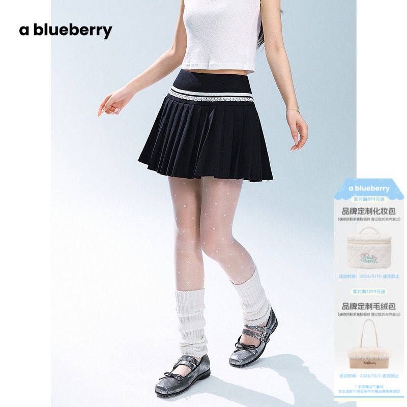 ablueberry 拼接蕾丝百褶裙女韩系甜美时尚百搭半身裙学院