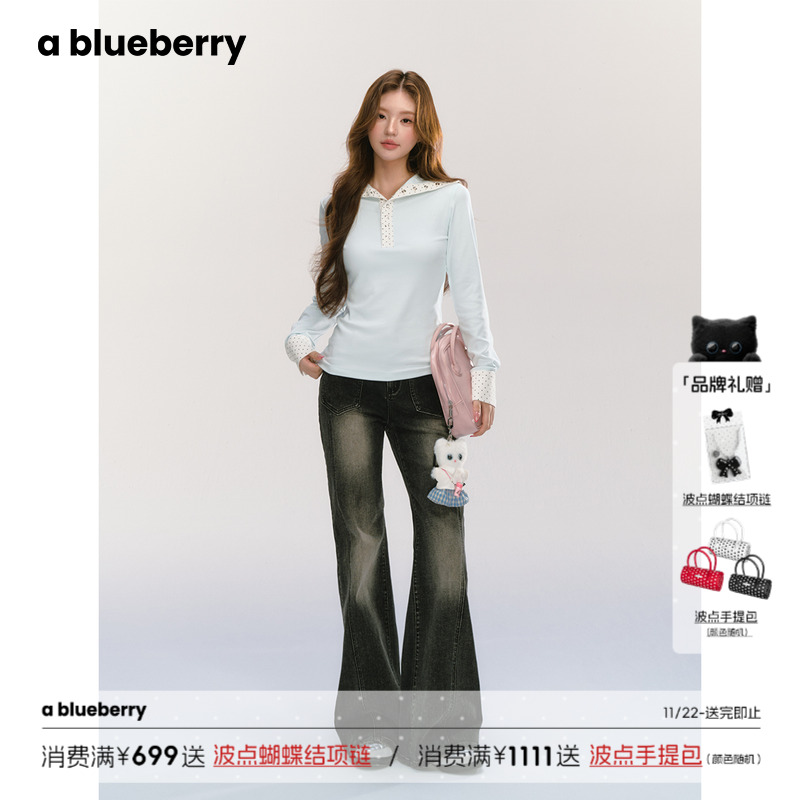 ablueberry波点拼接连帽上衣女