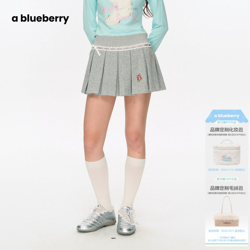 ablueberry 蝴蝶结小熊女2026秋短裙蕾丝花边腰头百褶