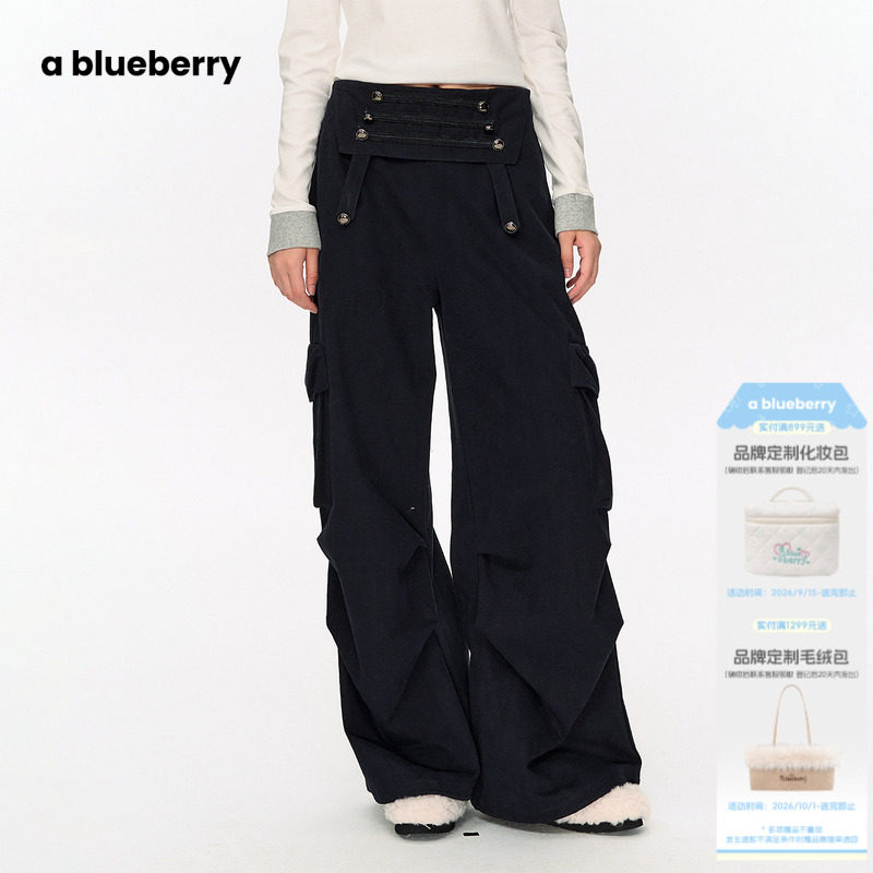 田曦薇同款ablueberry拿破仑工装裤女26秋设计感酷飒风藏青休闲裤