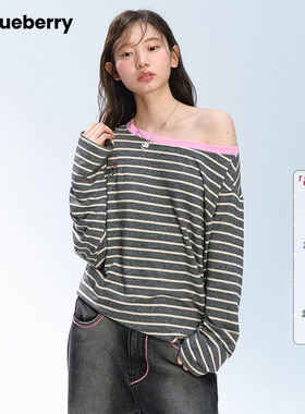 ablueberry【李慧香系列】斜肩条纹T恤女设计感韩版露肩长袖上衣