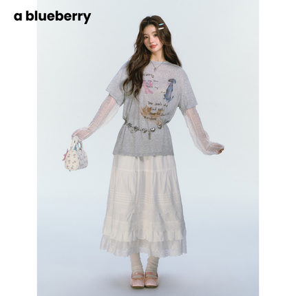 ablueberry 拼接蕾丝上衣女夏设计感防晒衫宽松涂鸦假两件长袖t恤