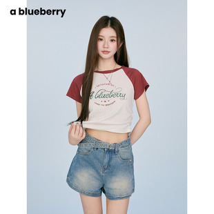 辣妹短袖 收腰显瘦设计感短裤 上衣 拼色字母T恤女夏新款 ablueberry
