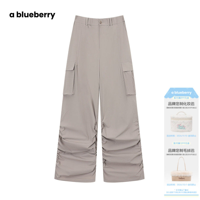 A blueberry咖色抽皱工装裤女夏设计感宽松韩系都市户外休闲裤