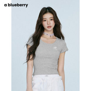 百搭显瘦正肩短袖 ablueberry 辣妹修身 灰色U领上衣女夏季 T恤 新款