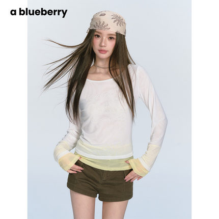ablueberry 烫钻拼色长袖T恤女夏季薄款假两件上衣设计感防晒罩衫