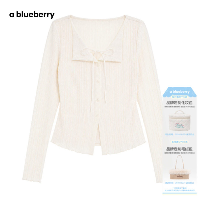 ablueberry 假两件肌理长袖T恤女2026冬季系带蕾丝拼接修身上衣