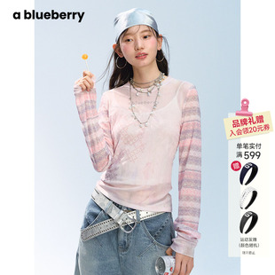 ablueberry【李慧香系列】粉色印花长袖T恤女设计感甜酷短上衣