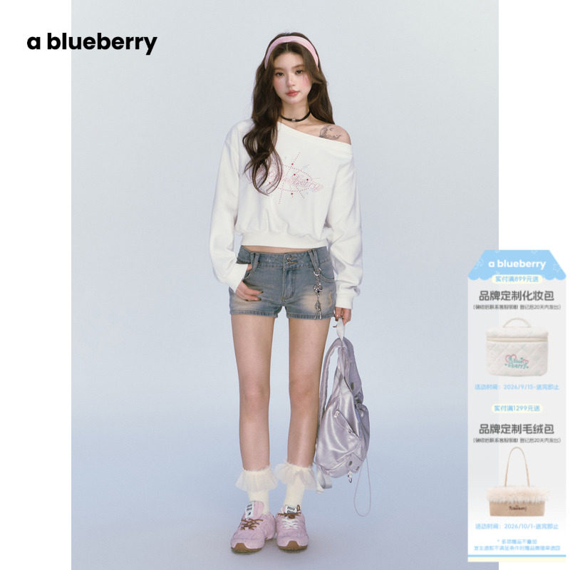 ablueberry【Let's dance】斜肩烫钻韩版辣妹卫衣女春夏薄款上衣