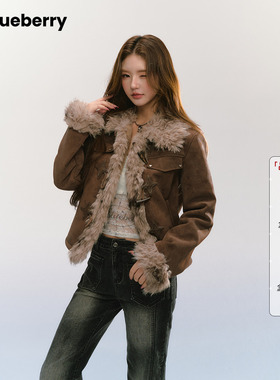ablueberry棕色牛角扣外套女短款秋冬复古不臃肿皮毛一体加厚上衣