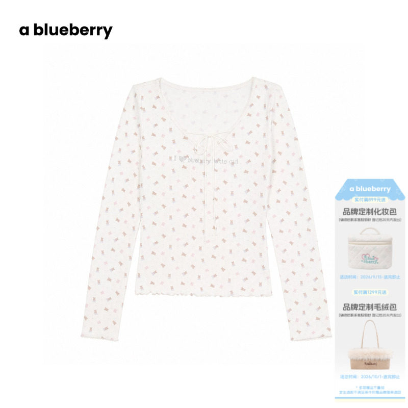 ablueberry小熊满印长袖t恤女2026秋季V领系带设计感韩系甜美上衣