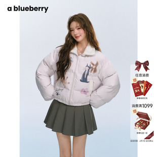 ablueberry拼接毛毛立领外套女秋冬韩系可爱加厚猫咪印花棉服上衣