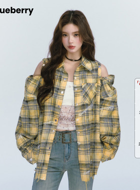 ablueberry【Let's dance】韩版辣妹格子露肩衬衫26春设计感上衣