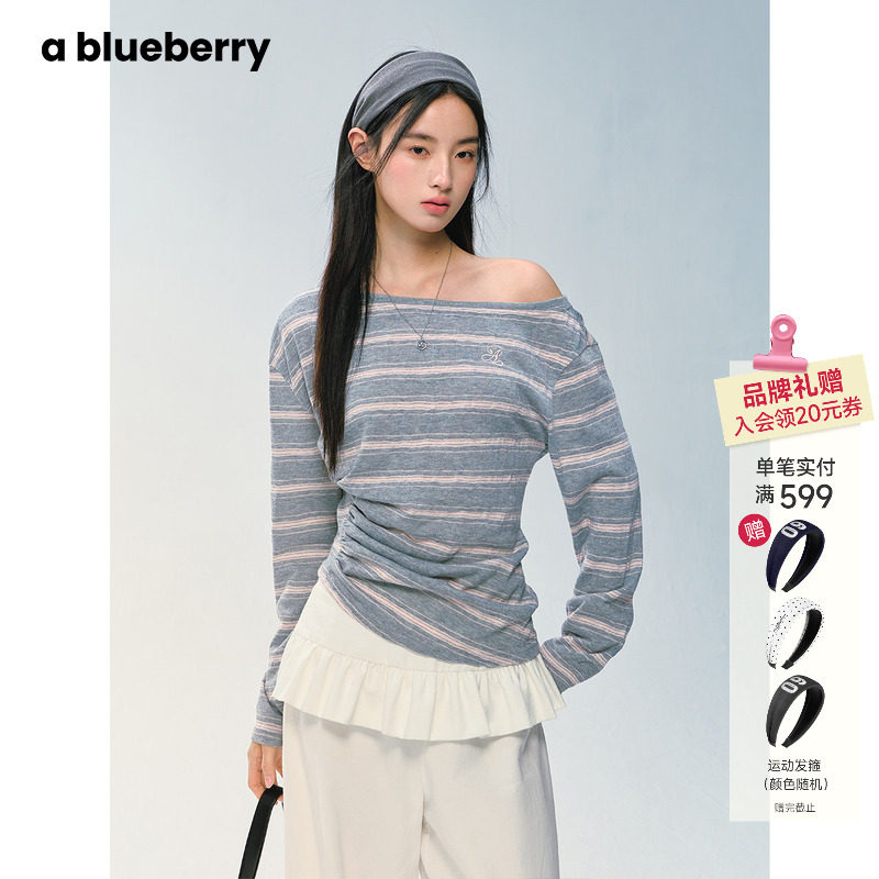 ablueberry 刺绣斜肩上衣女2026春新款收腰设计感韩系辣妹长袖t恤,女装/女士精品,T恤,淘宝优惠券,粉丝福利购,淘宝优惠卷