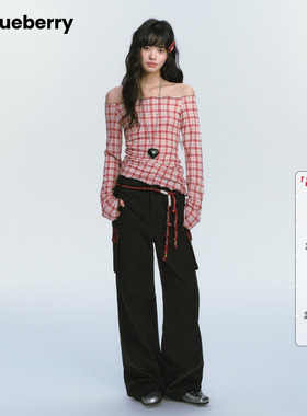 ablueberry【金蛇启新】一字领辣妹长袖T2026春季红色格纹上衣女