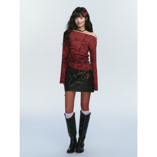 ablueberry 【金蛇启新】甜酷辣妹25年早春一字肩抽褶上衣女