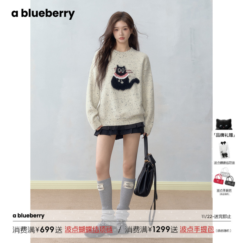 ablueberry& lazy可爱提花猫咪加绒加厚毛衣女秋冬韩版羊毛上衣