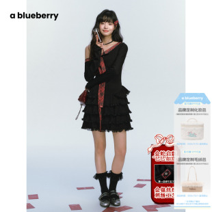 ablueberry 系带辣妹短款蓬蓬裙春季斜肩设计感连衣裙女