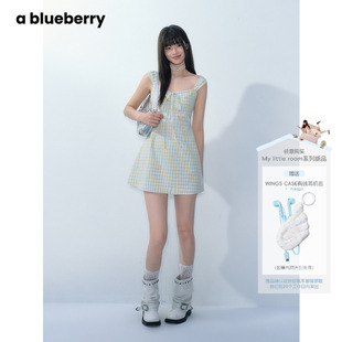 田曦薇同款ablueberry黄色格纹连衣裙女夏掐腰韩系小个子吊带短裙