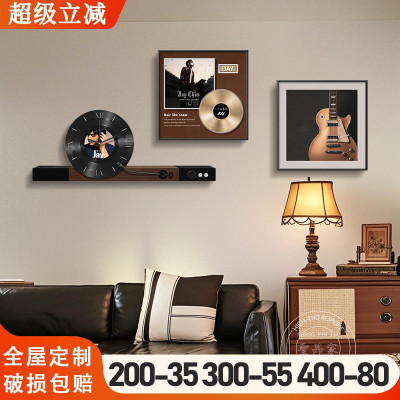 黑胶唱片客厅装饰画 画带钟表歌曲歌词定制沙发背景三联组合挂钟
