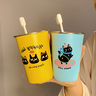 高颜值304卡通小猫可爱情侣简约漱口杯家用创意不锈钢洗漱牙刷杯