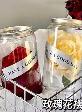 冰封玫瑰花朵透明易拉罐桌面装饰摆件仪式感礼品纪念日装饰品束