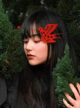 新年拍照红色剪纸道具女新中式头饰喜鹊花朵发饰元旦跨年穿搭配饰