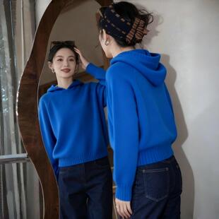 克莱因蓝色连帽套头毛衣女款2025新款宽松慵懒风可外穿内搭针织衫