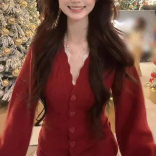 韩系圣诞红色毛衣开衫女秋冬季慵懒高级感修身内搭巨好看针织上衣