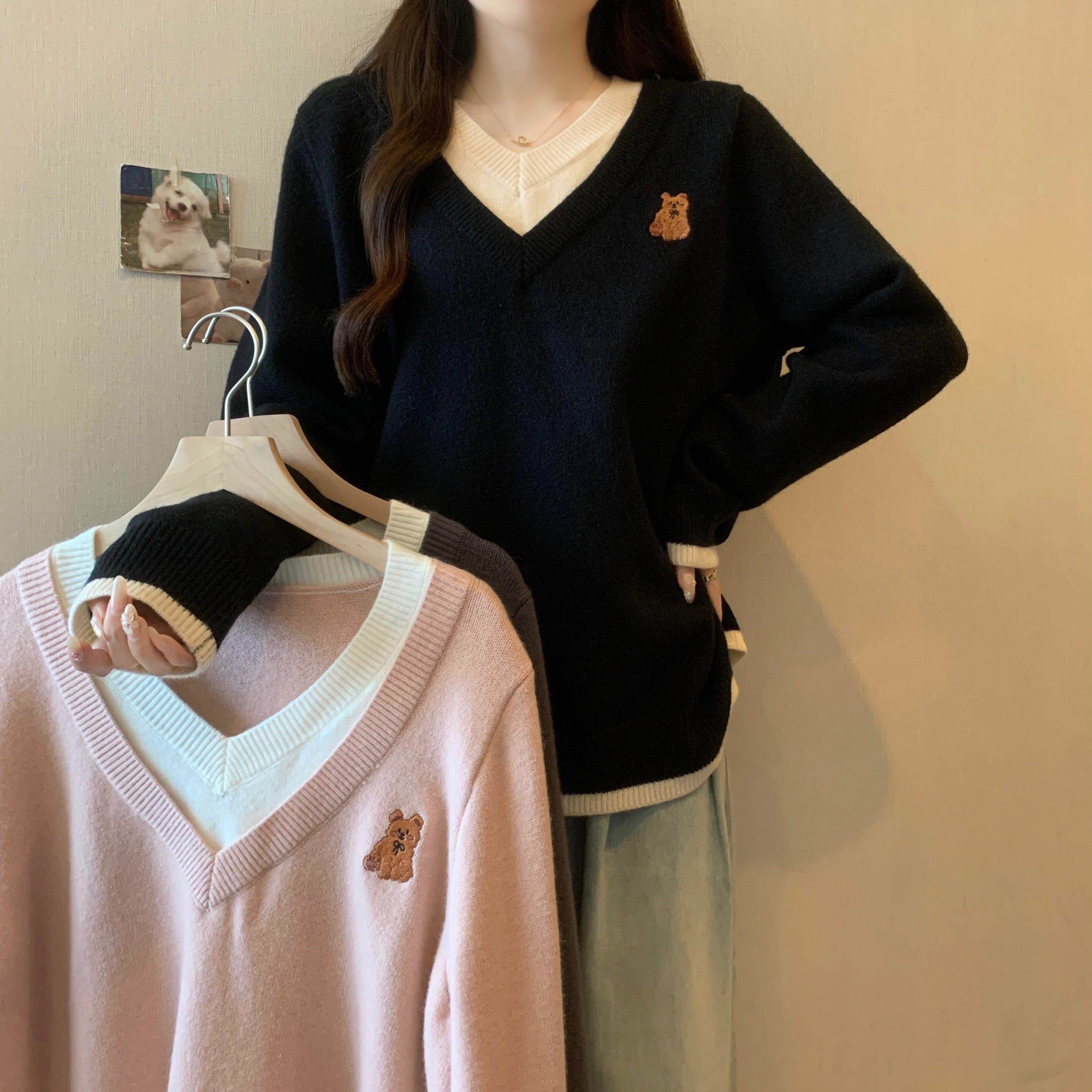 大码胖mm假两件V领毛衣女冬季打底内搭慵懒减龄显瘦套头针织上衣