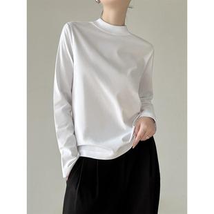 纯色简约半高领长袖T恤后中线正肩打底衫宽松休闲外穿百搭上衣女