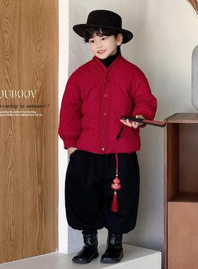男童中国风棉服2025冬季新款儿童红色加厚拜年服宝宝菱格国风外套