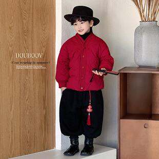 男童中国风棉服2025冬季新款儿童红色加厚拜年服宝宝菱格国风外套