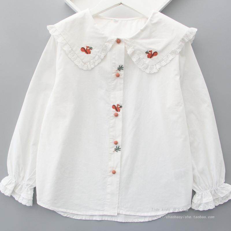 女童衬衫春装新款儿童纯棉衬衣娃娃领刺绣白色打底女孩中大童上衣
