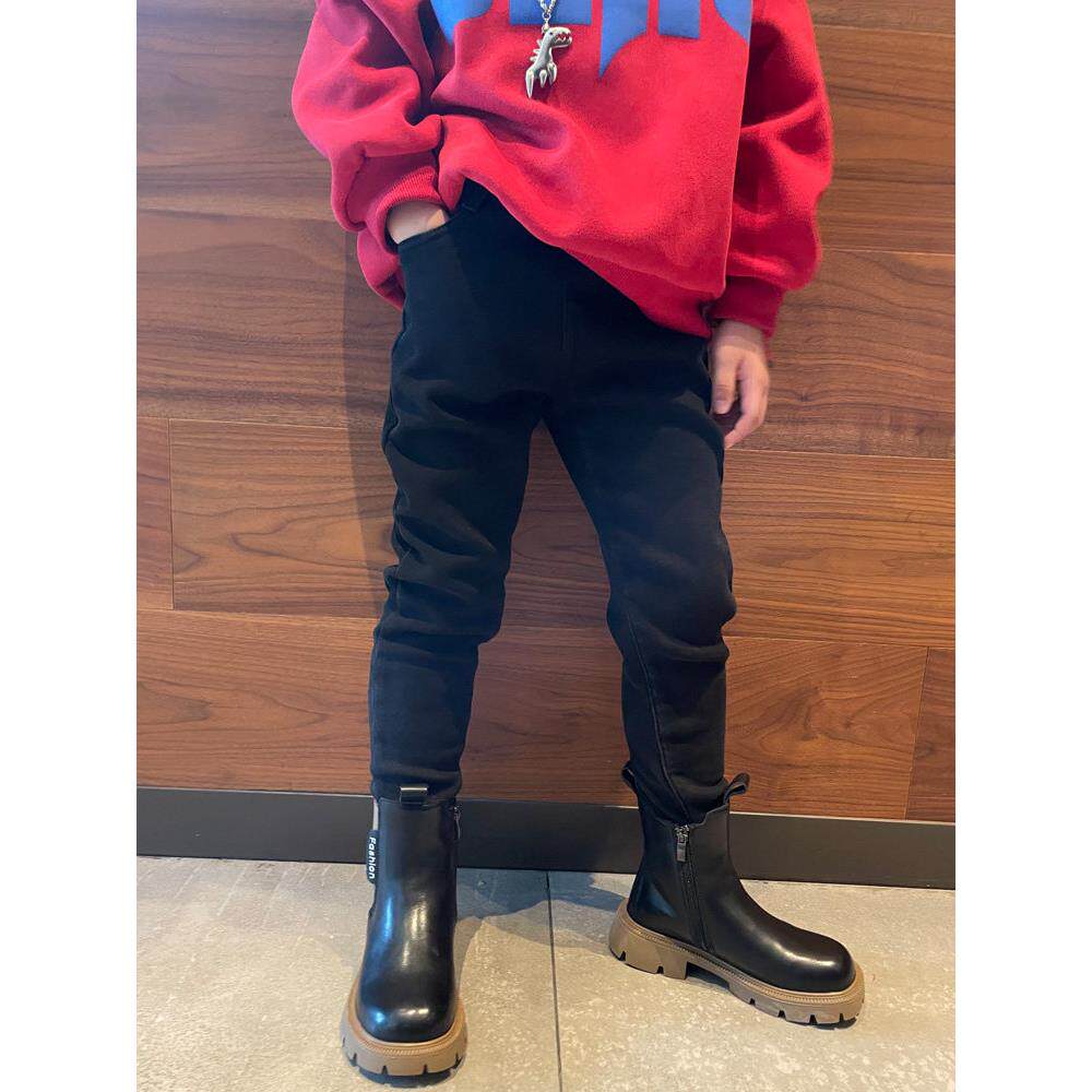 男女童加绒一体绒牛仔裤子黑色2025冬季潮流小脚修身瘦版儿童长裤