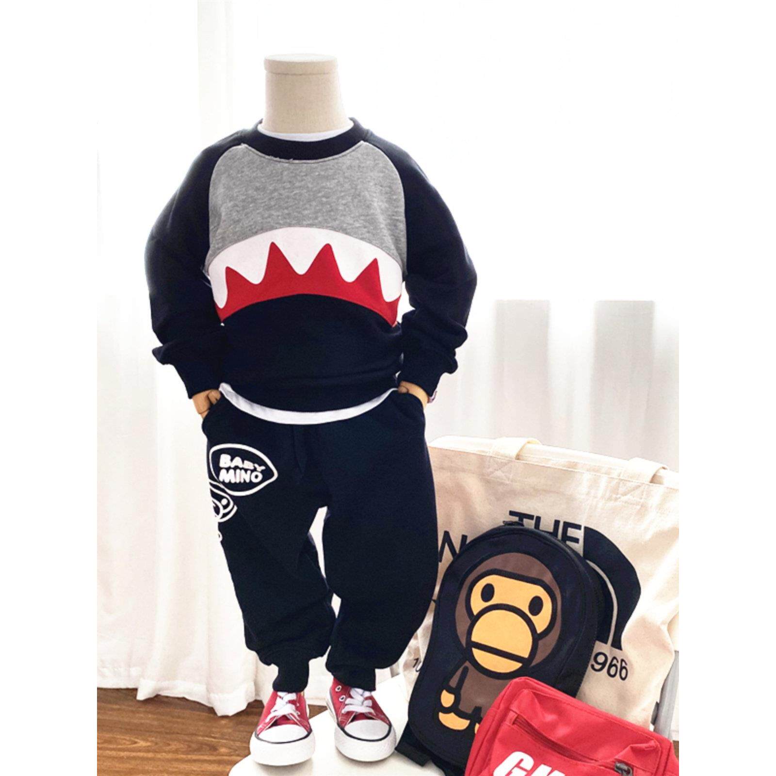 儿童春秋可套装2025潮牌鲨鱼黑色纯棉卫衣裤男童加绒圆领衫运动裤