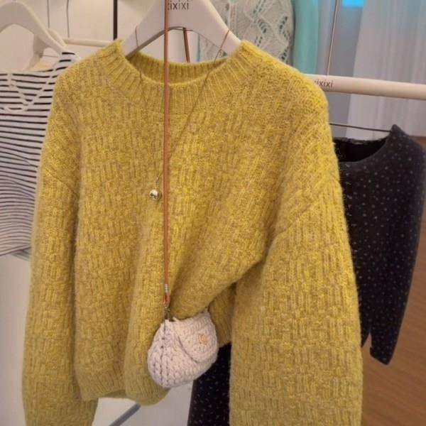 温柔风黄色马海毛毛衣女秋冬款套头长袖羊绒针织衫慵懒高级感上衣