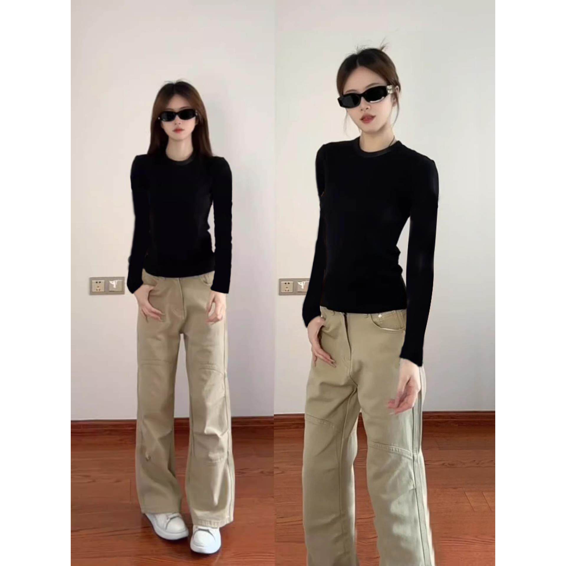 美式覆古黑色正肩长袖t恤女春秋冬季内搭打底衫修身显瘦辣妹上衣