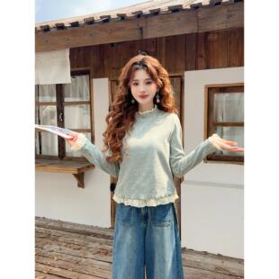 温舒敏【竹声入画】巨好看蕾丝花边加绒打底衫女秋冬加厚针织内搭