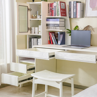 复古法式梳妆台书桌一体写字桌儿童房电脑桌带书柜卧室书房简约风