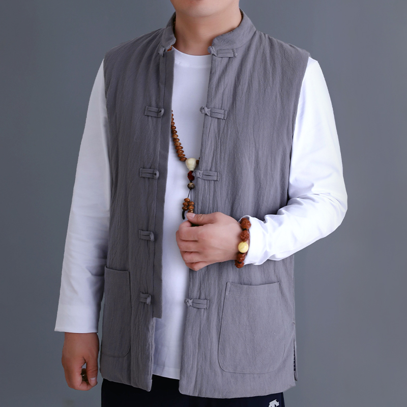 纯棉花手工盘扣加厚马甲男士保暖马夹中老年坎肩内外穿背心秋冬季