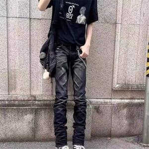 复古猫须牛仔裤男黑色修身