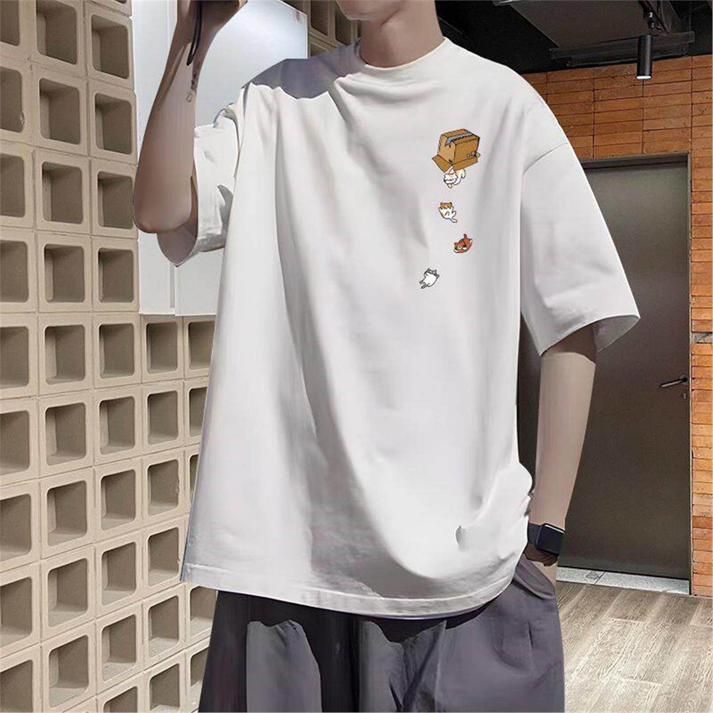 2026新款圆领卡通印花短袖T恤男宽松落肩袖白色潮流百搭上衣夏季