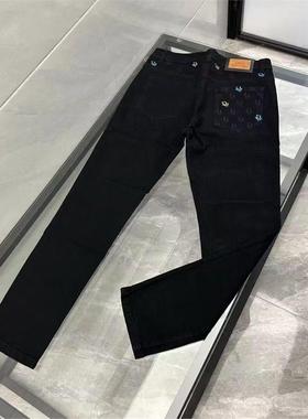 2025新款刺绣黑色牛仔裤男修身显瘦弹力休闲直筒长裤小直筒裤男士