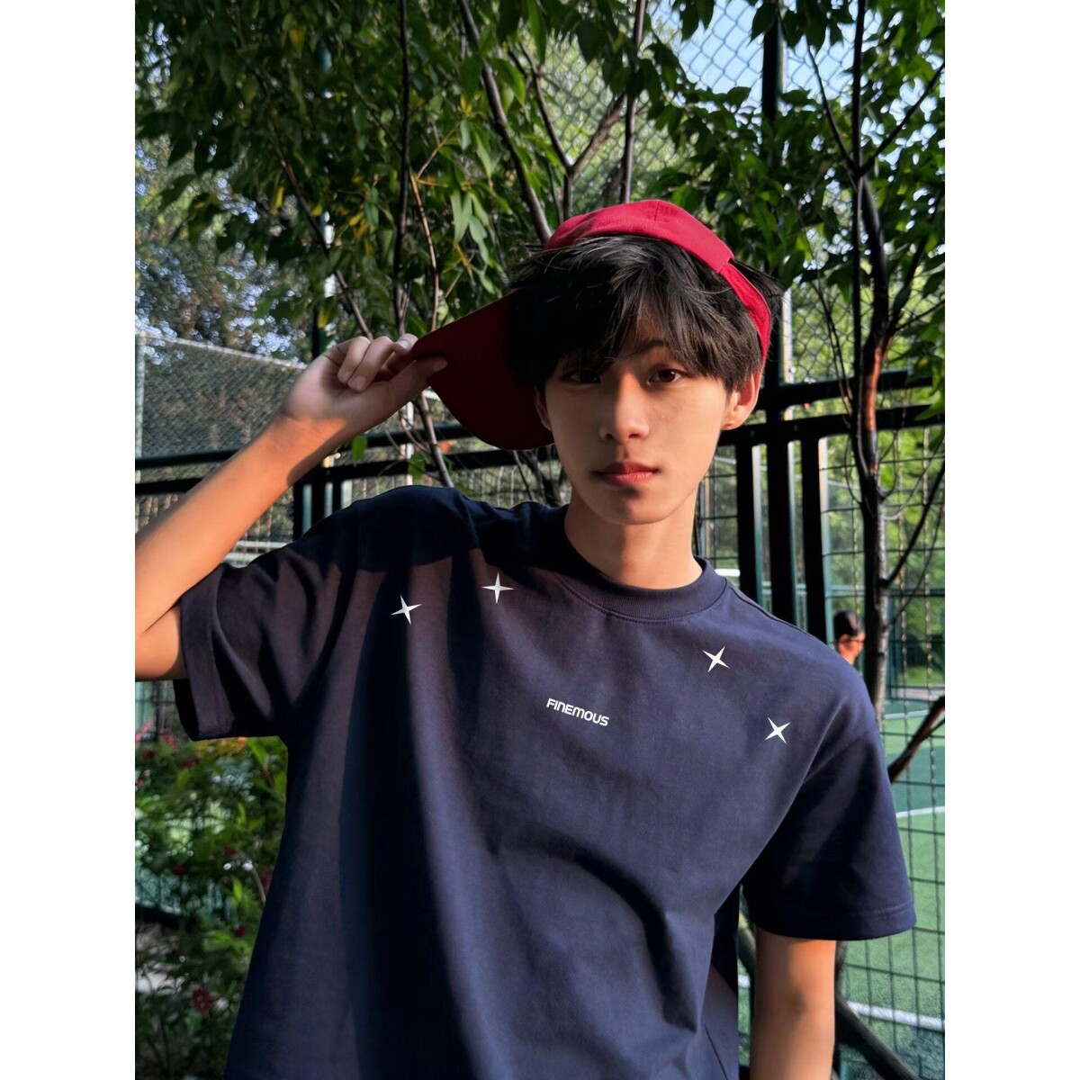 美式休闲风短袖T恤男藏青色星星印花圆领潮牌重磅纯棉上衣