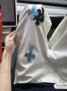 美式高街十字架皮标白色牛仔裤男款夏季个性潮流宽松直筒阔腿长裤