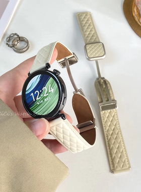 适用华为手表gt5 pro菱格现代风真皮磁吸扣表带女款GT3高级手腕带